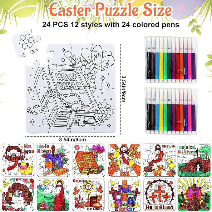 24Pcs Christian Easter Crafts for Kids bulk, Religious Easter Puzzle Activities for Basket Stuffers, Bible Jesus He Lives DIY Arts Jigsaw Kits for Classroom gifts, Spring Party Favors, Coloring Games