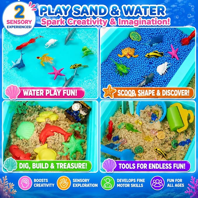 Carolart Ocean Sensory Table, Sand Table, Standing Sensory Bin | Activity Table, indoor outdoor sand kit for sensory play, ocean toys and water table for boys and girls ages 3+
