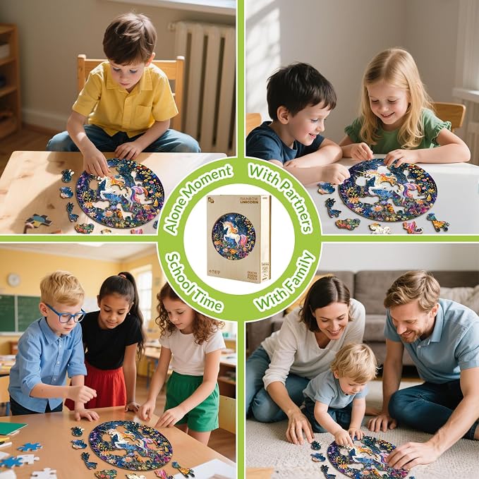 Rainbow Wooden Puzzles for Kids - Unicorn | 50 Piece Puzzles for Kids Ages 6-8, Kids Puzzles with Unique Animal Shapes, Round Gift for Girls and Boys (11.4 * 11.4 in)