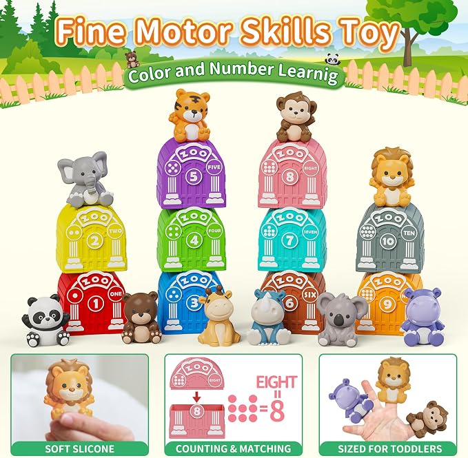 Learning Toy for Toddlers 1 2 3 Year Old, Montessori Educational Counting, Matching & Sorting Sensory Toys, 10 Safari Animals & 10 Zoos, Birthday Easter Gift for Baby Boy Girl Age 12-18 Months | 10 Zoo Animal Toys & 10 Barns, Counting, Matching & Sorti...