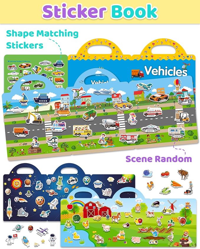 Benresive Reusable Sticker Book for Toddlers, Stickers for Kids, Travel Toy | Toddler Toys, Boys Girls Birthday Gifts, Airplane & Road Trip Essentials Kids, No Mess Waterproof Toddler Crafts Activities