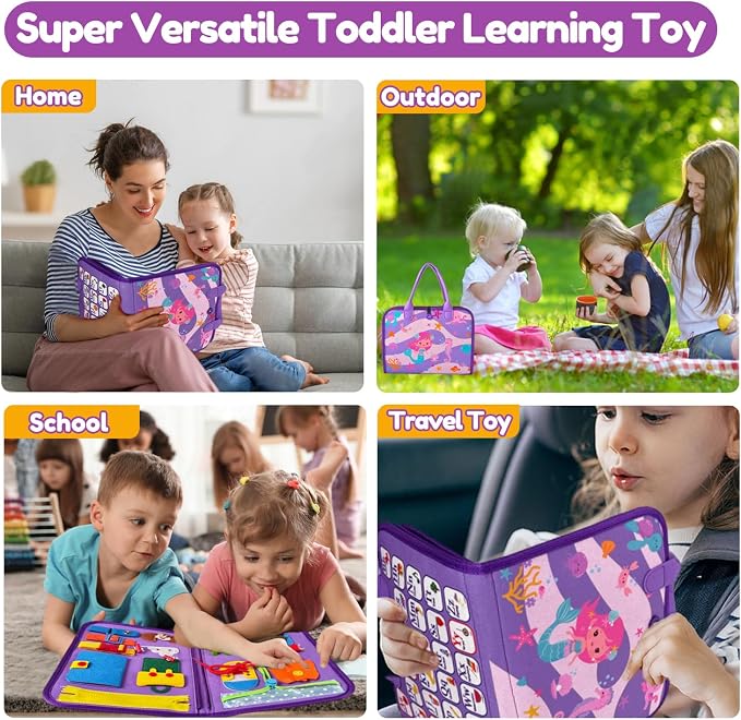 Montessori Busy Board Book for Toddlers, Mermaid Sensory Learning Toy for Girls, Educational Fine Motor Skills Toy, Travel Busy Board for Car & Airplane