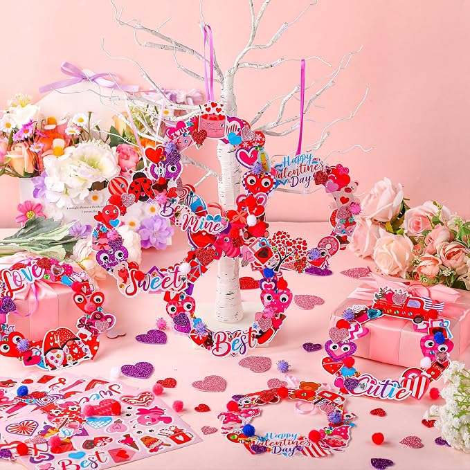 Hollowfly 48 Sets Valentine DIY Heart Wreath Craft Kits for Kids Activities | 8 Cute Valentine Heart Themed Designs, Good for Valentine Wall Decor, Kids Valentines Art Projects & Classroom Party Favors