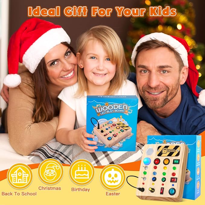 TINTECUSA Busy Board Montessori Toys for Toddler, Wooden Sensory Board Switch Toy with Shape Sorter LED Light Up Toys Educational Plane Travel Activity for Girls & Boys