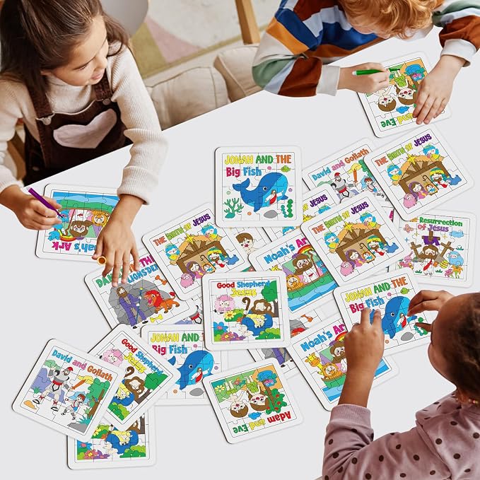 Cinrobiye 24 PCS Bible Story Jigsaw Puzzle Craft Kit, Religious Coloring Puzzle Set with Pens, DIY Christian Church Activity for VBS Sunday School Group Crafts, Faith-Based Party Favors Supplies