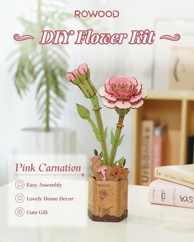 rowood 3D Puzzle Wood Flower,DIY Artifical Flower Building Set Craft Kit for Women,Mother's Day/Valentine's Day/Teacher's Day/Thanksgiving/Christmas/Birthday Gift -Pink Carnation