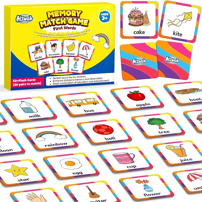 Aizweb First Words Match Game,Memory Game,52 Pcs Toddler Baby Flash Cards,Educational Toys for Pre K Preschool Kindergarten Learning Activities,Speech Therapy Materials Classroom Must Haves