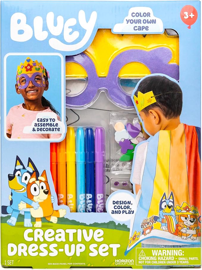 Bluey Creative Dress-Up Set, Includes Colorable Cape, Felt Crown, & Play Mask, Foam Stickers, Coloring Markers, and Gems, Bluey Toys, Toddler Activities, Dress Up Costumes for Kids, Fun Family Toy