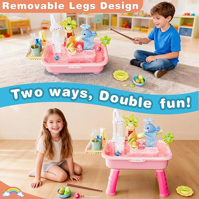 Toddler Water Table for 1-3 Year Old - Upgraded Electric Pump Water Toys, Outdoor Sensory Play Sand & Water Table, Kitchen Sink Toy with Running Water & Fishing Game, Summer Gifts for Boys Girls(Pink)