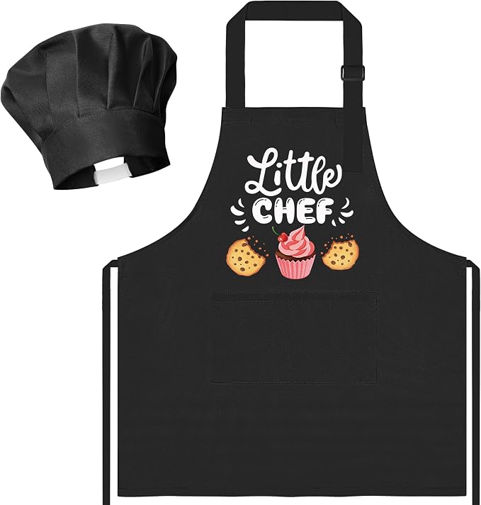 R HORSE 2 Pieces Kid Apron and Chef Hat Set, Dress up Pretend Play Toy | Black Little Chef Adjustable Children Kitchen Apron with Pockets, Ideal for Cooking, Baking, Painting, Cooking Birthday Gift