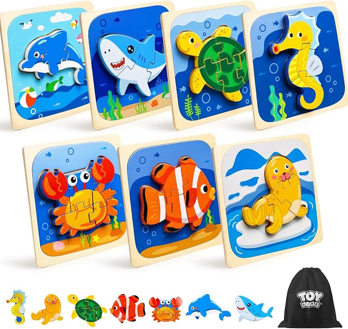 TOY Life Toddler Puzzles Ages 2-4, Wooden Puzzles for Toddlers 1-3, 7 Pcs Sea Animals Puzzle 2 Year Old, Montessori Toddler Boys Girls Toys 2-3, Educational Gift Learning Toys for 2 Year Old
