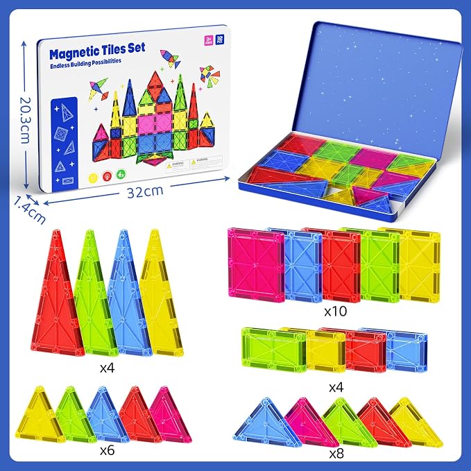 Large Magnetic Tiles for Kids: Durable Jumbo Blocks with Welded Case | 7.5cm tiles for toddlers ages 3-8. Ultrasonic welded safe magnets. Compatible with major brands. STEM Montessori learning toy