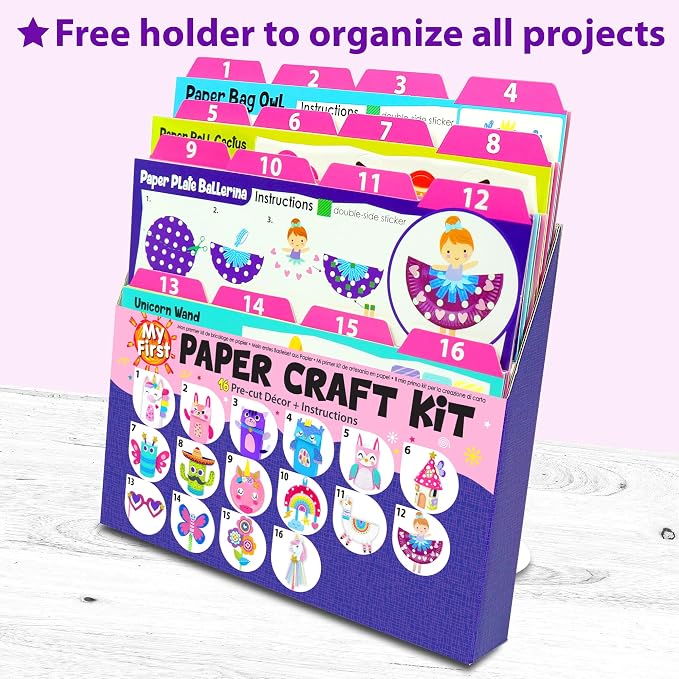 KRAFUN Unicorn & Bunny Beginner Paper Craft Kit for Girls Age 3+ | 16 projects: paper bags, plates & rolls. Princess & Fairy themes. Fun creative activity set for toddler girls