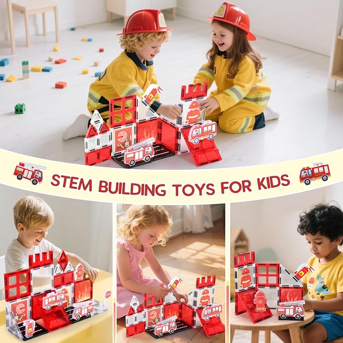 Firefighter Magnetic Tiles for Toddlers 3-5 – STEM Building Blocks Set with Fire Truck, Hydrant, Extinguisher & Storage Bag, Fire Station Creative Play for Boys & Girls, Christmas Birthday Gift