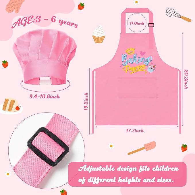R HORSE 2 Pieces Kid Apron and Chef Hat Set, Dress up Role Play Chef Toy | Pink Baking Princess Adjustable Children Kitchen Apron for Girl, Ideal for Cooking, Baking, Painting, Cooking Birthday Gift