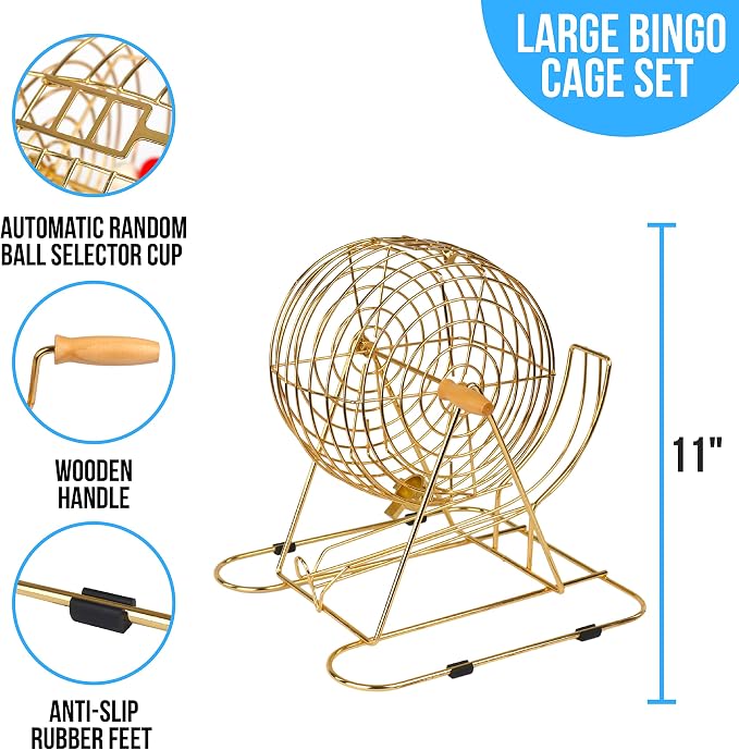 Regal Bingo Gold Professional Bingo Game Set with 11" Wheel Cage, 75 Bingo Balls, Master Board, 18 Bingo Cards & 25 Jumbo Reusable Cards, and Colorful Chips - Bingo Games for Adults Large Group