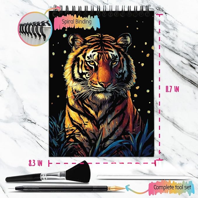 Scratch Art Book for Adults - Animal Series, 10 Rainbow Art and Crafts for Adults | Adult scratch art & foil art for adults kit | stress relief scratch painting, screen-free travel craft | scratch art adult