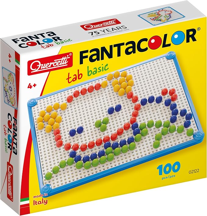 Quercetti Fantacolor Basic Pegboard Toy - 100 Pieces with 10mm Pegs in 4 Colors to Create Mosaic Art, for Kids Ages 3-6 Years,Multi Color