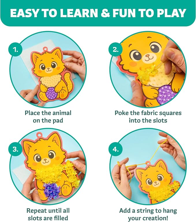 Poke-In Craft Animals, Poke Art for Kids Ages 4-8, Fun Punch Tufting Kit | 9 foam animals, 1000+ 3d fabric squares, non-messy beginner kit, preschool learning activity, poking easter craft