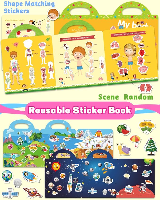 Walenced Reusable Sticker Book for Toddlers, Stickers for Kids, Toddler Toy | Toddler Craft Activities, Toddler Travel Toys, Boy Girl Birthday Gifts, Airplane Travel & Road Trip Essentials Kids