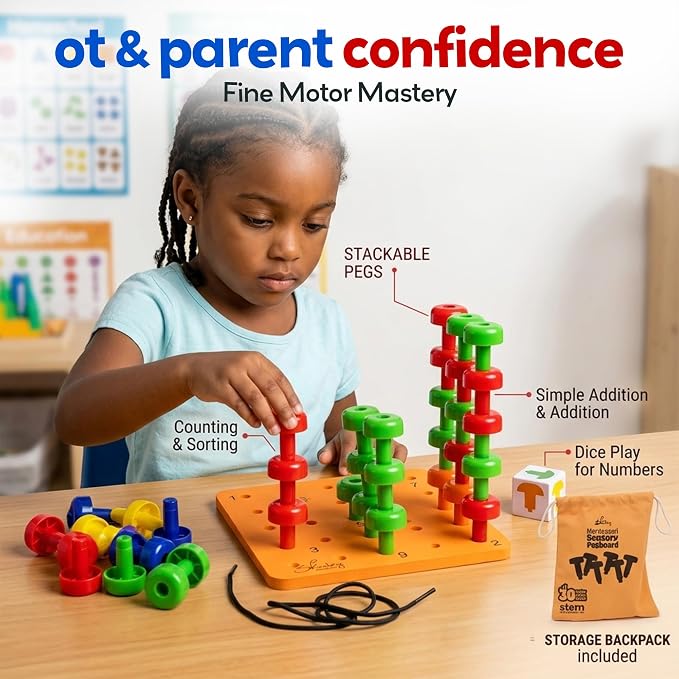 Peg Board Set - Montessori Toys for 2 Year Old - 33 Pc Peg Board for Kids - Occupational Therapy Toys with Pegs, Dice, Lacing String & Storage Bag - Montessori Toys for 2+ Year Old | Occupational Therapy Toys with Pegs, Dice, Lacing String & Storage Ba...