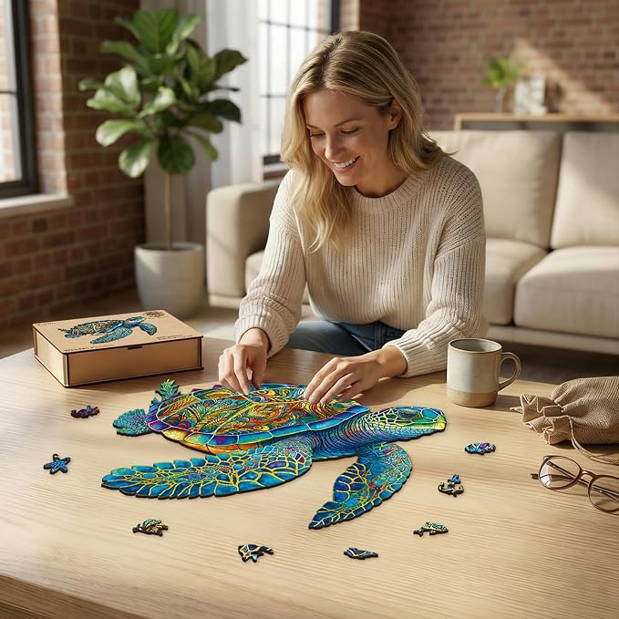 Mys Aurora Wooden Puzzles, Sea Turtle Jigsaw Puzzles 200 Pieces | FSC Certified 5MM Unique Shaped Wooden Puzzle for Adults and Kids, Birthday Gift Family Game 9.2 x 11.2 Inch