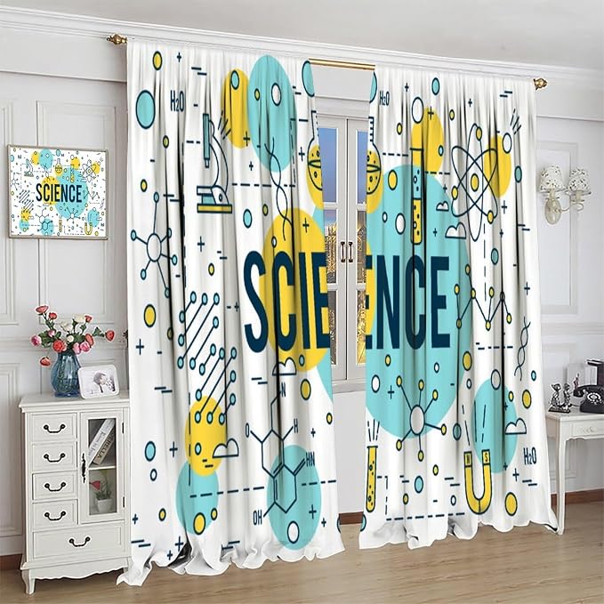 Science Window Curtains, Chemistry Chemical Science Pharmacy Research Room Darkening Door Window Rod Pocket Curtain for Girls Boys Kids Bedroom Study Room Classroom Set 2 Panels,52x84 Inches