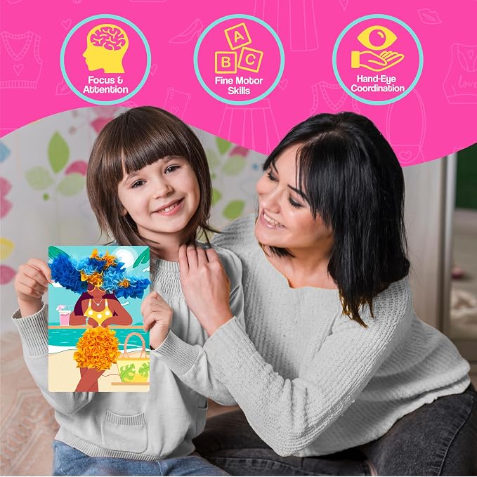 jackinthebox Poke Art Fashion Art Craft Kit for Girls, Kids, Toys, Ages 4-8 | 1400 fabric pieces, travel arts activities & birthday gifts, mess-free playdoh, age 5 6 7 8 9, 4-6 year old, flower pressing