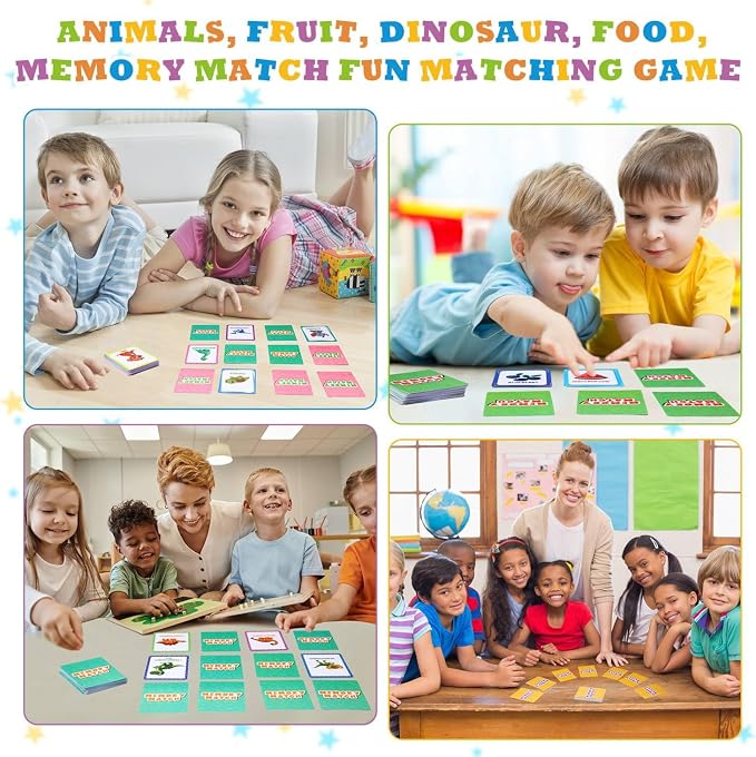 Zubebe 8 Sets Memory Matching Card Game Ages 8+, Family Party Game,Style 1 | Learning Toy with Animal Dinosaur Food Themes, Ideal for Family Night Classroom Prizes Party Favors, Builds Memory Skills