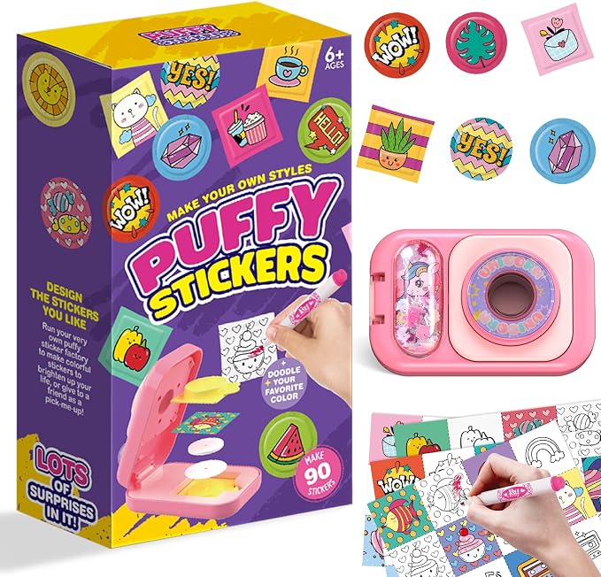Puffy Sticker Maker Machine for Kids Ages 6-10, 90-Piece 3D Craft Kit | Make Your Own Puffy 3D Stickers in 3 Easy Steps—90 Designs, Unicorn Press Machine, Screen-Free Craft Kit for Boys & Girls