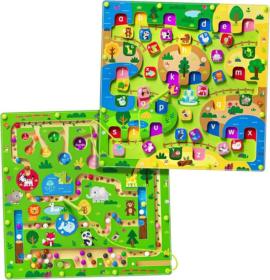 rifamee 2 in 1 Magnetic Color and Number Maze Magnet Alphabet Counting Double Sided Board Wood Puzzle Fine Motor Skills Montessori Preschool Toys Gifts for Boys and Girls 3-5 Age (Big Zoo, One Size)