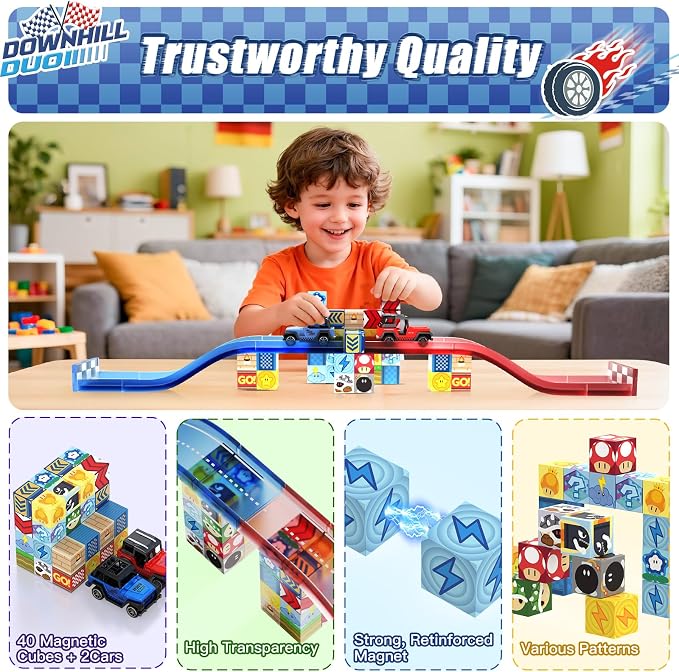 Magnetic Tiles Race Track Set, 52PCS STEM Educational | With 2 Race Cars, Montessori Sensory Travel Toys for Kids 3 4 5 6 7 8, Birthday & Holiday Gift for Boys & Girls