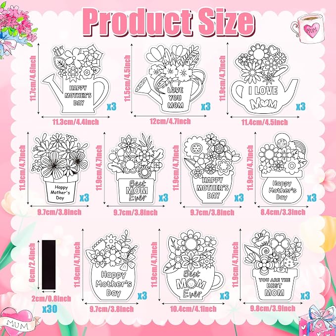 Mother's Day Coloring Craft Kit - 30Pcs Happy Mother’s Day Color Your Own Magnets for Kid Best Mom Ever Blank Flower DIY Coloring Magnets for Fridge Decor Classroom DIY Activity Party Favor