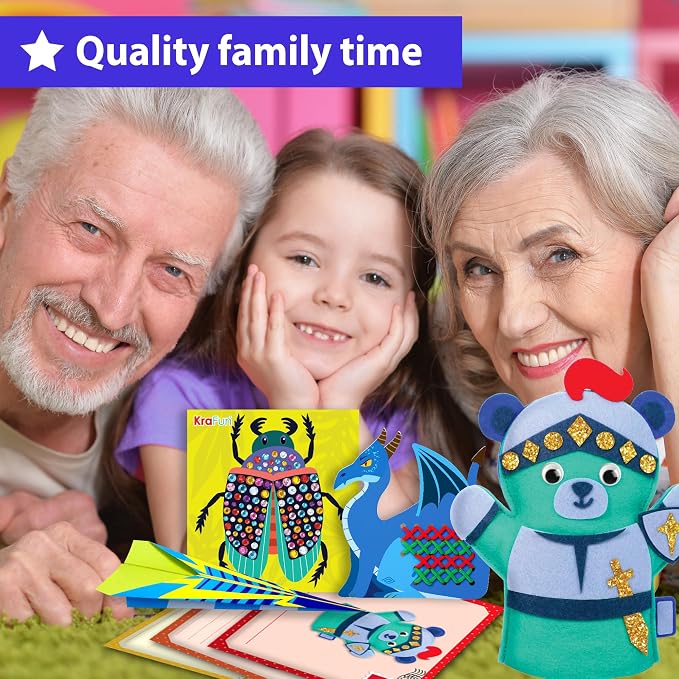 KRAFUN Toddler Beginner Art & Craft Kit Ages 3-5 | 10 Envelopes | 10 projects: Origami, Puppets, Lacing & Pompoms. Preschool educational activities. Creative DIY gift for boys & girls