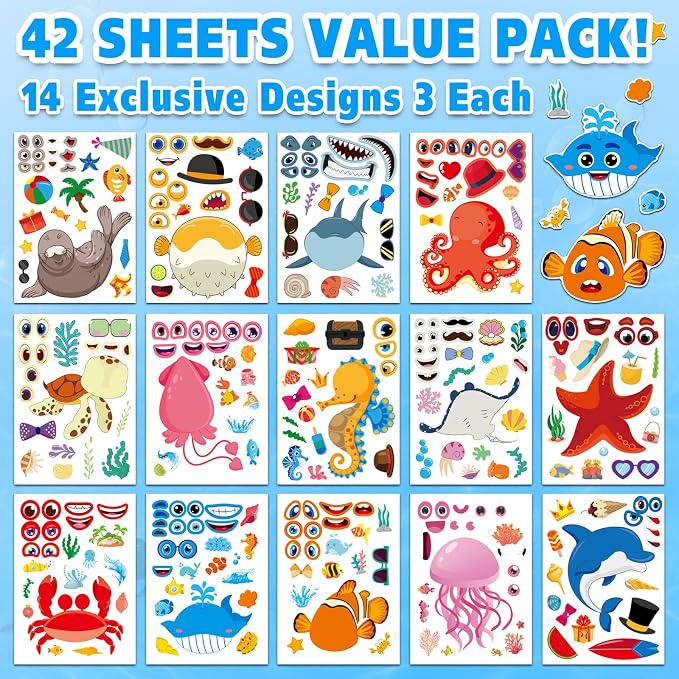 42 Ocean Animal Make-a-Face Sticker Sheets for Kids | Sea Creature Mix ’n Match Crafts for Party Favors & Classroom Activities