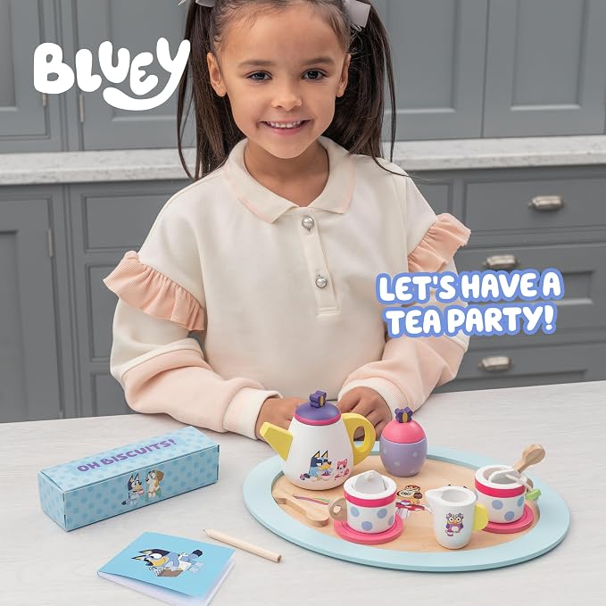 Bluey Wooden Tea Party Set, 18-Piece Toy Tea Set for Toddlers | Includes tray, teapot, cups & more for pretend play; durable wooden Bluey toy for kids ages 3+