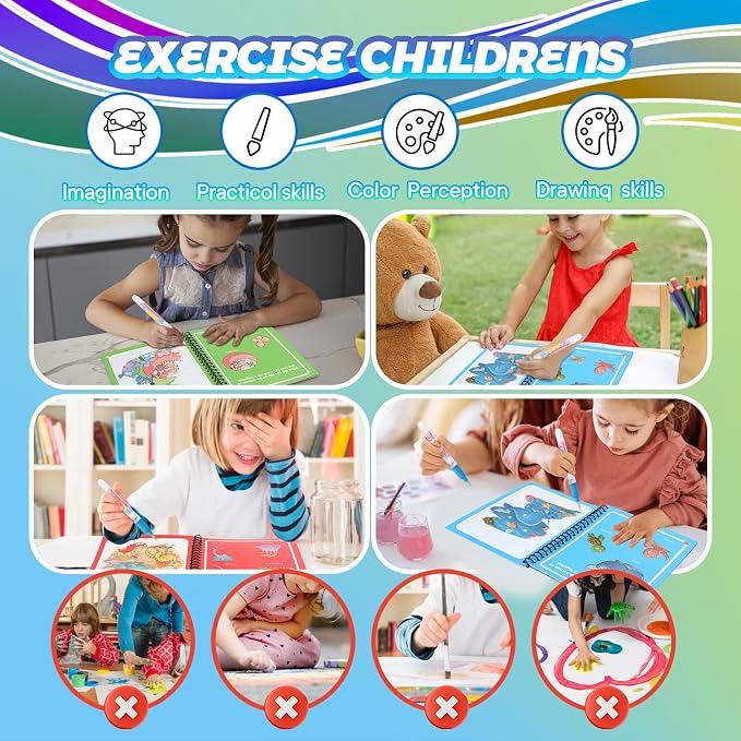 8 Pack Reusable Water Coloring Books for Toddlers, Paint with Water Books,Mess-Free Coloring Book, Portable Educational Doodle Drawing Toy, Improving Children's Imagination, Color Perception