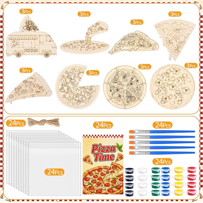 Saypacck 24 Pcs Party Favors Wooden Painting Craft Kits Birthday Party Supplies with Organza Bag for Goodie Bags Fillers Adult Thank You Gifts(Pizza)