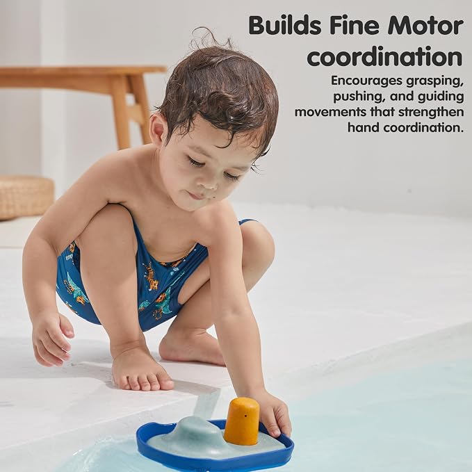 PlanToys® Tugboat Wooden Bath Toy, Floating Boat Fine Motor Imaginative Play