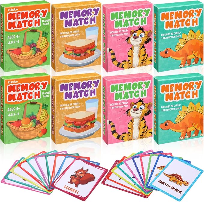 Zubebe 8 Sets Memory Matching Card Game Ages 8+, Family Party Game,Style 1 | Learning Toy with Animal Dinosaur Food Themes, Ideal for Family Night Classroom Prizes Party Favors, Builds Memory Skills