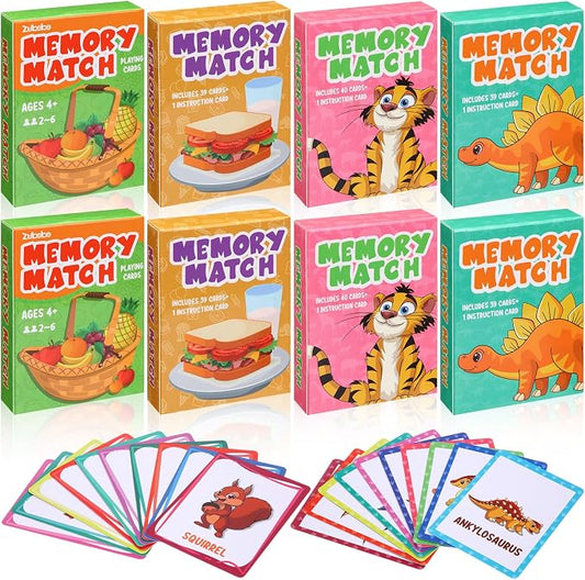 Zubebe 8 Sets Memory Matching Card Game Ages 8+, Family Party Game,Style 1 | Learning Toy with Animal Dinosaur Food Themes, Ideal for Family Night Classroom Prizes Party Favors, Builds Memory Skills
