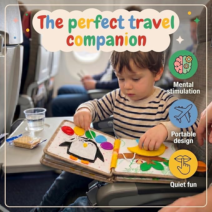 LUMS Busy Book for Toddlers 1-3 - Montessori Busy Board, Toddler Activity Book Ages 2-4, Felt Quiet Sensory Learning Travel Toy for 1 Year Old, Car & Airplane Rides