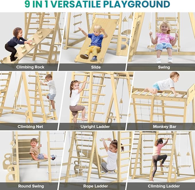 Upgraded Indoor Jungle Gym 9-in-1 Playground Kids Climbing Toys | Waldorf Style Wooden Climber Playset with Slide, Swing, Monkey Bars, Upright/Rope Ladder, Climb Net, Natural Wood Color