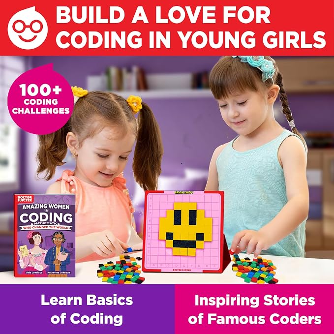 Doctor Jupiter Girls' First STEM Pixel Art Kit for Kids Ages 5+ | 100+ Coding Challenges, Birthday Gift for Girls Ages 5,6,7, Montessori Educational Math Toy