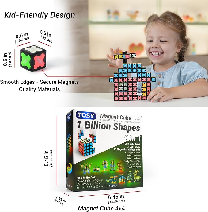 TOSY Magnet Cube 4x4 - 560 Magnets, 70 Blocks, 8 in 1 Toy: Puzzle Cube Game, Creative Building Blocks, Transformable Fidget Spinner, Infinity Cube, Magnet Tiles, UV Flashlight, Glowing STEM/STEAM Toy