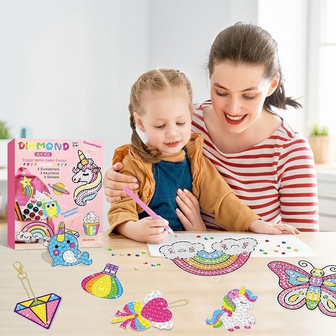 BANBBUR 16 Pcs Gem Art for Kids Ages 4-8 8-12, Kids Diamond Art and Crafts | Gem Art Kit with 5 Suncatchers/5 Keychains/6 Stickers,Christmas Crafts for Kids,Birthday Gifts Christmas Stocking Stuffers