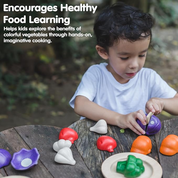 PlanToys 5 Wooden, Colorful Vegetable (Veggie) Food Playset (3431) | Sustainably Made from Rubberwood and Non-Toxic Paints and Dyes. | broccoli, pepper, pumpkin, garlic, cabbage, kids kitchen playset, girls, boys, fine motor imaginative role play gift set