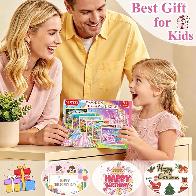 Puzzles for Kids Ages 3-5, 6 Pack Wooden Jigsaw Puzzles 24 Pieces | Unicorn Princess Mermaid Toys, Gift Box, Easter Christmas Birthday Gifts