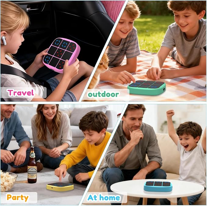 KOQQQ Rechargeable Tic-Tac-Toe Bolt Game, Upgraded 4-in-1 Handheld Puzzle Console, Electronic Educational Memory Game, Portable Travel Car Ride Board Games for Kids Adults (Cyan)