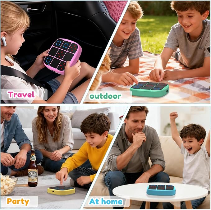 KOQQQ Rechargeable Tic-Tac-Toe Bolt Game, Upgraded 4-in-1 Handheld Puzzle Console, Electronic Educational Memory Game, Portable Travel Car Ride Board Games for Kids Adults (Pink)